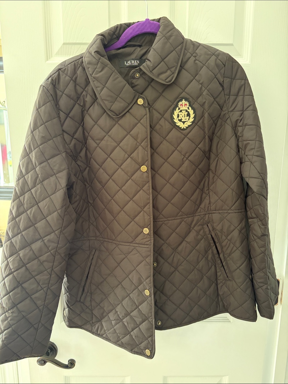 Lauren Ralph Lauren Quilted Brown Crest-Embroidered Puffer Jacket